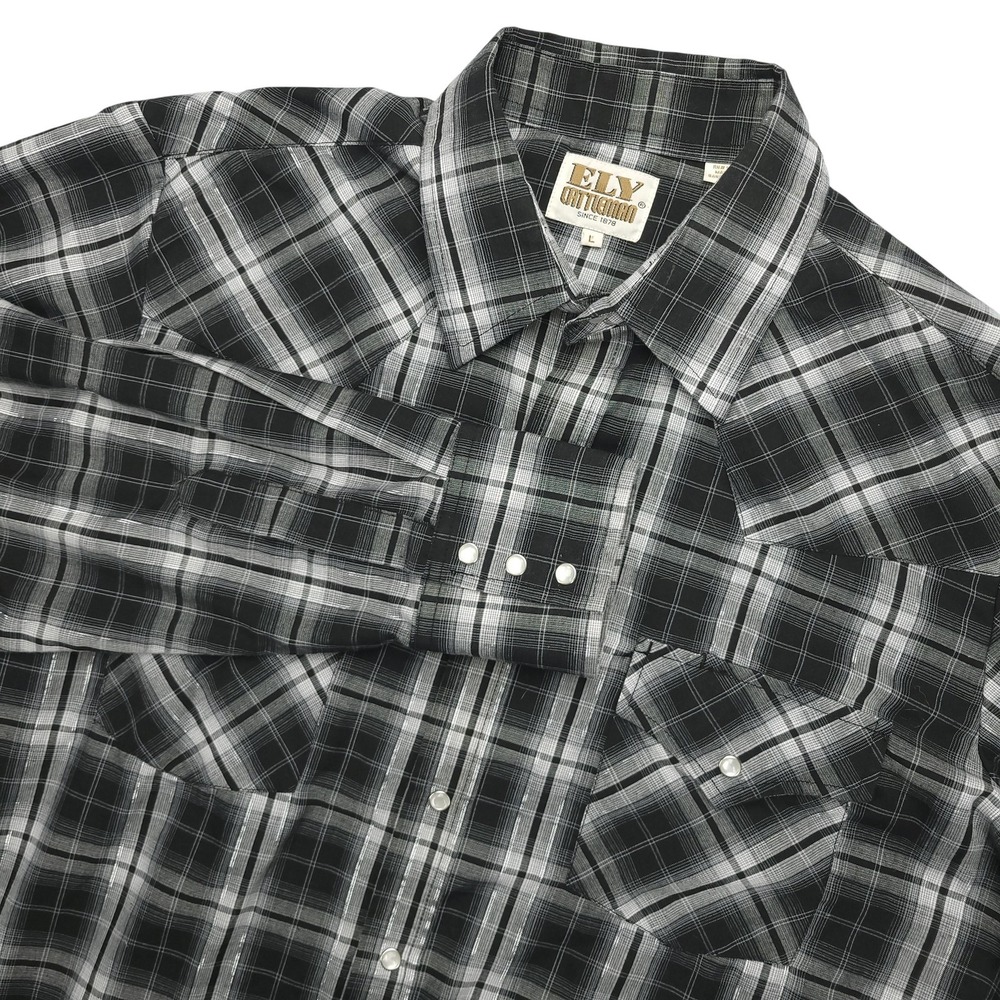 Ely Cattleman Shirt Mens Large Black Plaid Western Pearl Snap Long Sleeve Cowboy